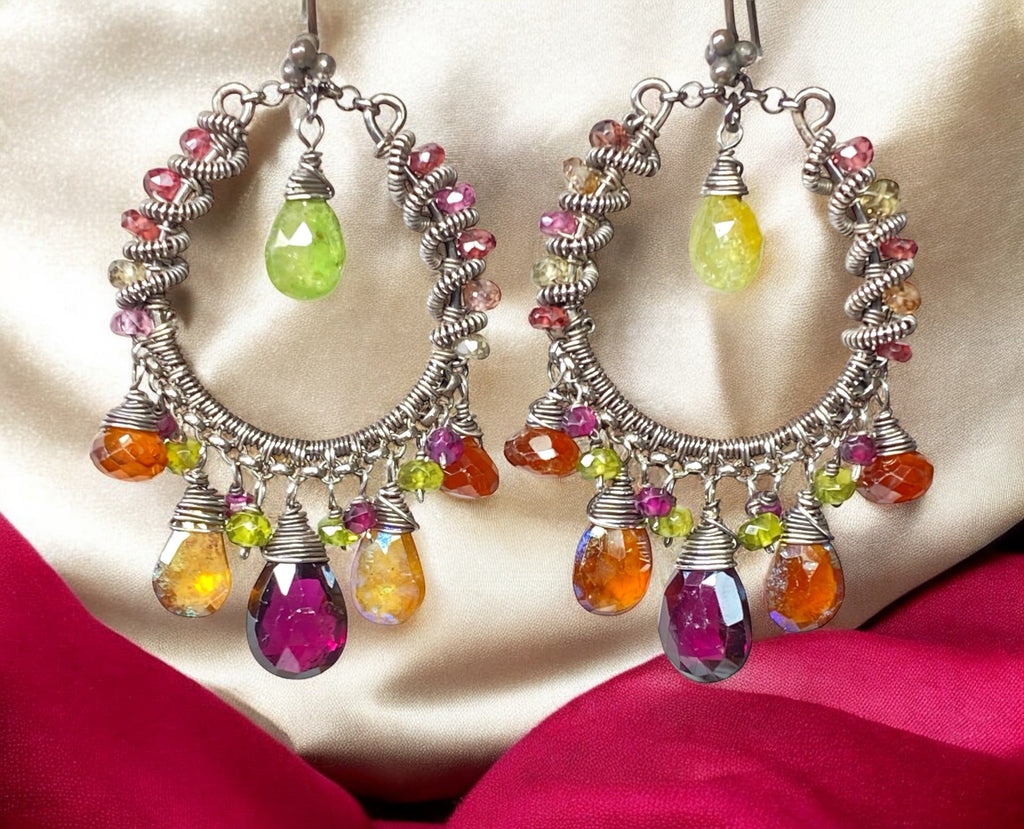 Multi-color Garnet Chandelier Hoop Earrings Coiled Oxidized Sterling Silver