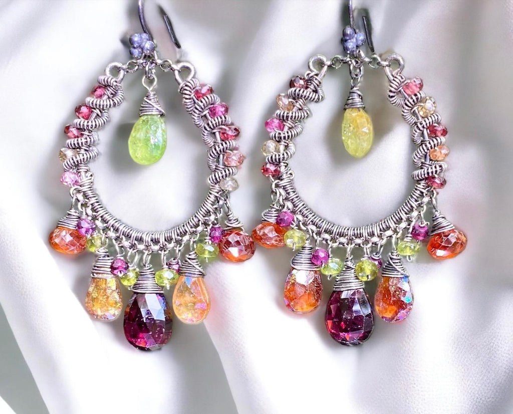 rhodolite garnet, hessonite garnet, green garnet boho handmade hoop earrings