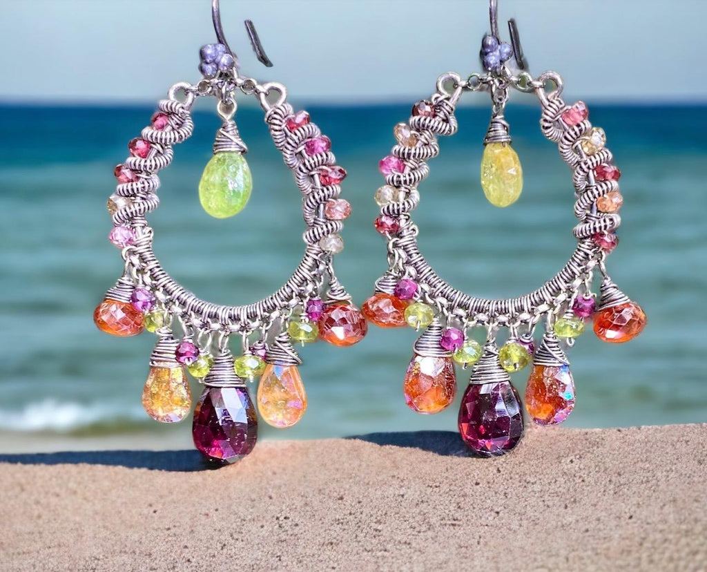 multi color garnet gemstone oxidized sterling silver hoop earrings