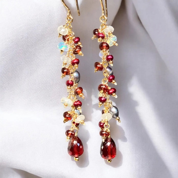 Red Garnet Cranberry Pearl and Opal Long Dangle Earring, Gold