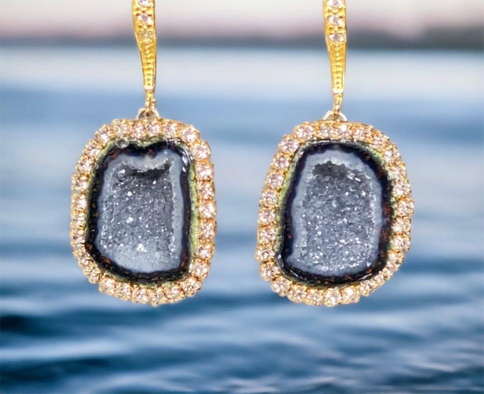 Black Tabasco Geode Druzy Earrings Diamond Style Dangle Earrings