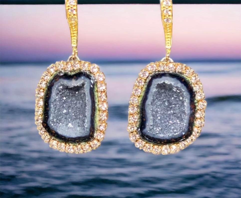 Black Tabasco Geode Druzy Earrings Diamond Style Dangle Earrings