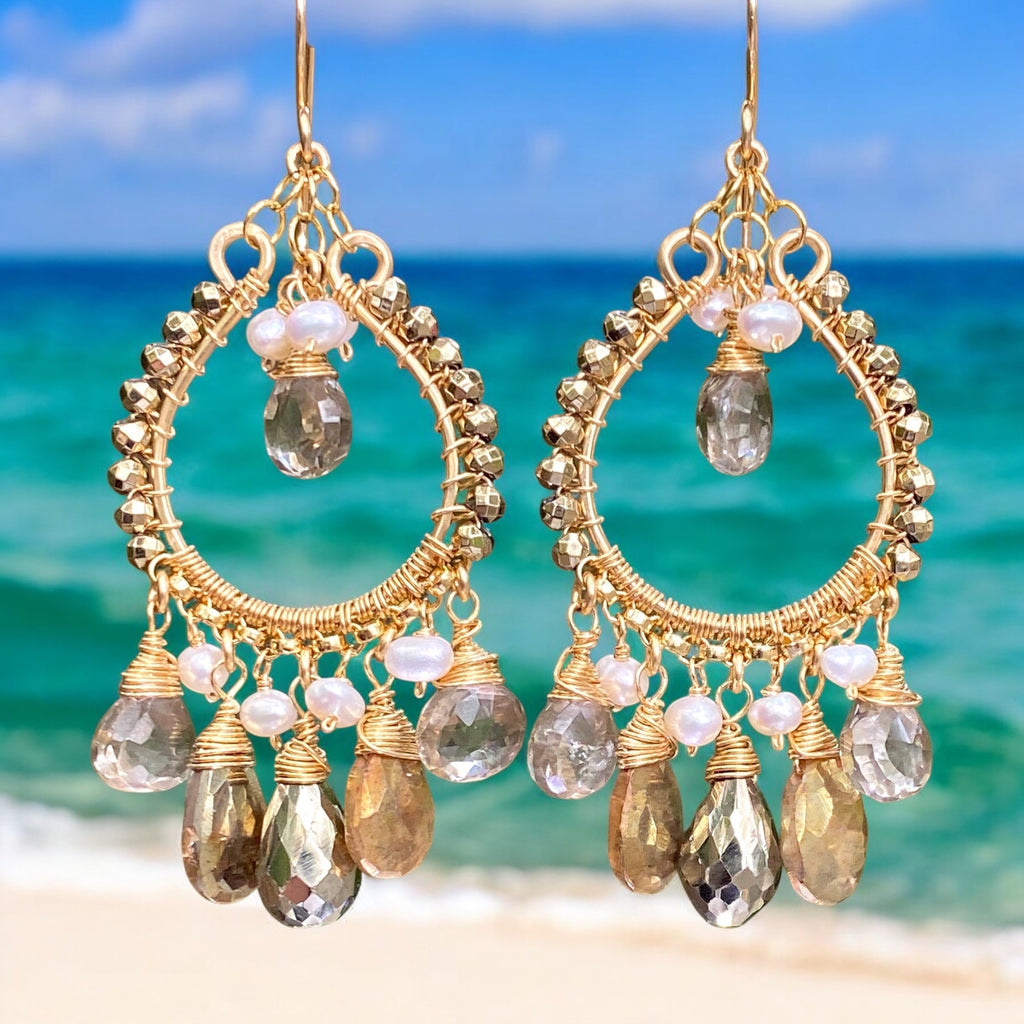 gold hoop chandelier earrings with pyrite 3