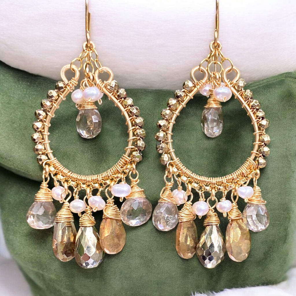 Gold Hoop Earrings with Pyrite, Gold Labradorite, Smokey Quartz Post Style