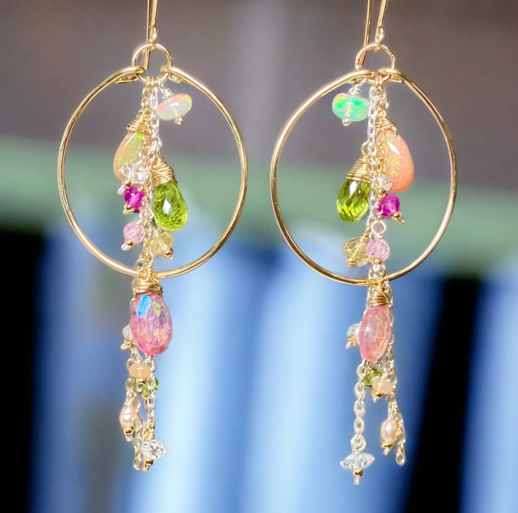 gold fill hoop earrings with multicolor gemstone chain dangles