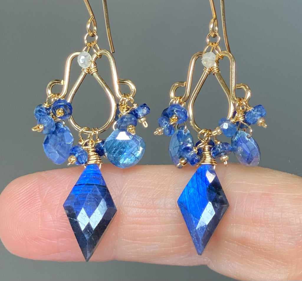 Blue Labradorite, Kyanite Handmade Chandelier Earrings, Gold Fill