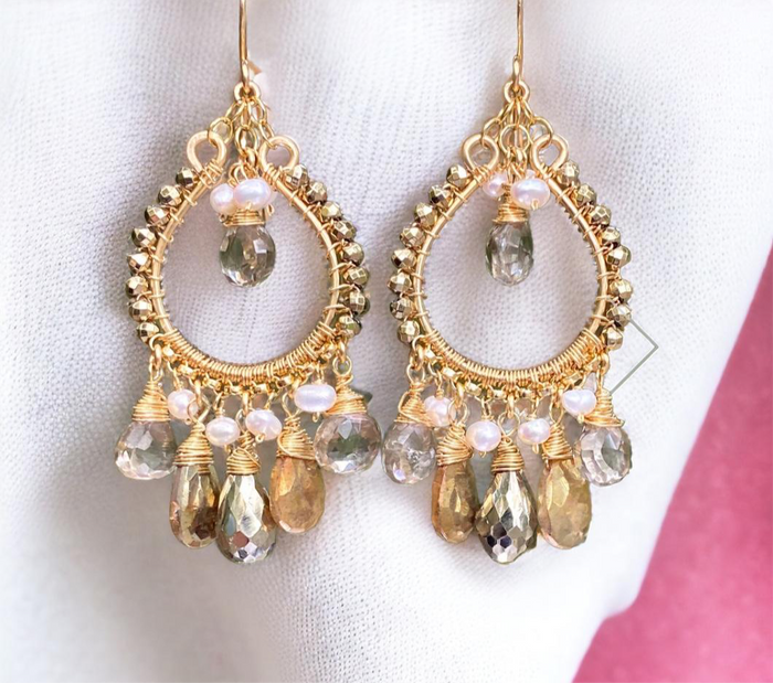 gold filled hoop chandelier earrings with pyrite, gold labradorite and more