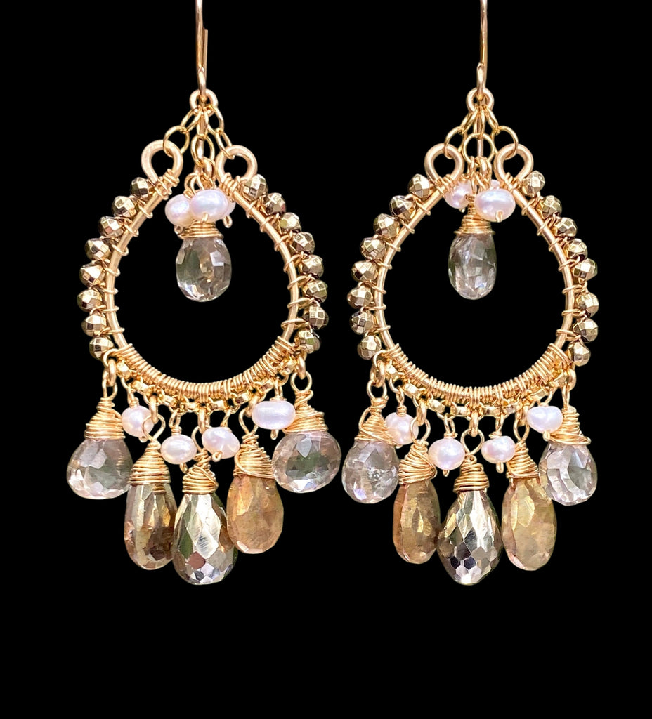 Gold Hoop Earrings with Pyrite, Gold Labradorite, Smokey Quartz Post Style