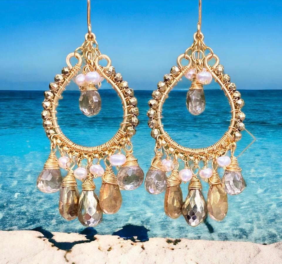 Gold Hoop Earrings with Pyrite, Gold Labradorite, Smokey Quartz Post Style