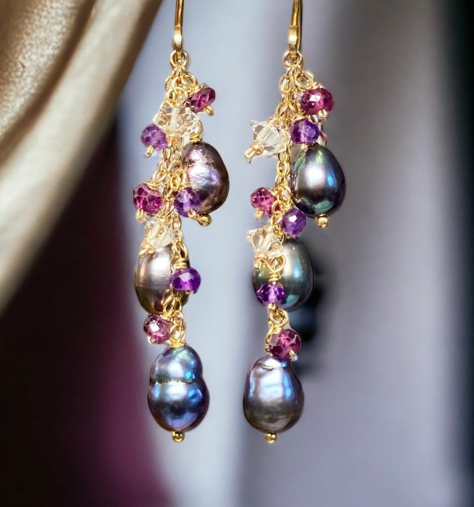 Peacock Edison Pearl Dainty Dangle Earrings with Amethyst, Garnet, Herkimer Diamonds
