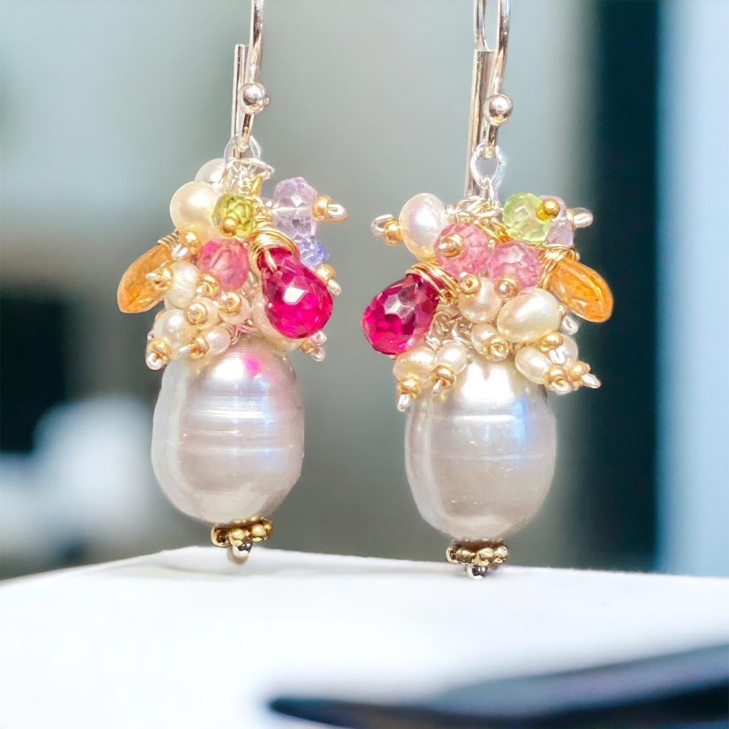 Silver Gray Platinum Baroque Pearl Gemstone Cluster Earrings Mixed Metal