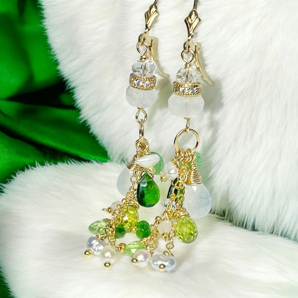 Green Gemstone Boho Dangle Earrings Peridot Chrome Diopside Tsavorite Gold 3