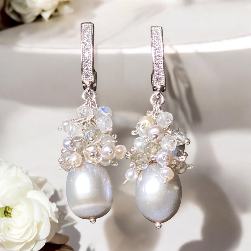 Gray Pearl Labradorite Cluster Earrings Sterling Silver