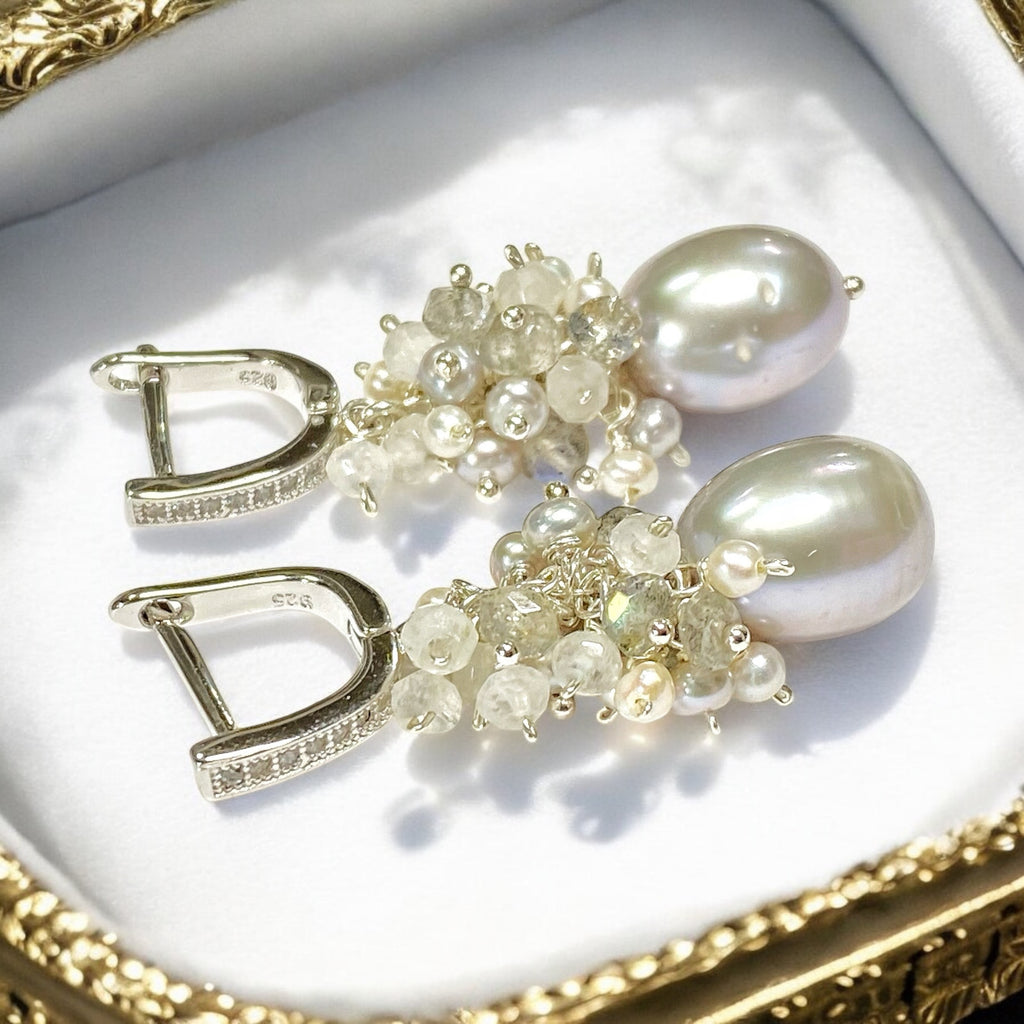 Gray Pearl Labradorite Cluster Earrings Sterling Silver