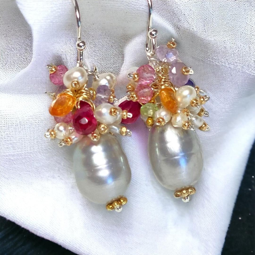Silver Gray Platinum Baroque Pearl Gemstone Cluster Earrings Mixed Metal