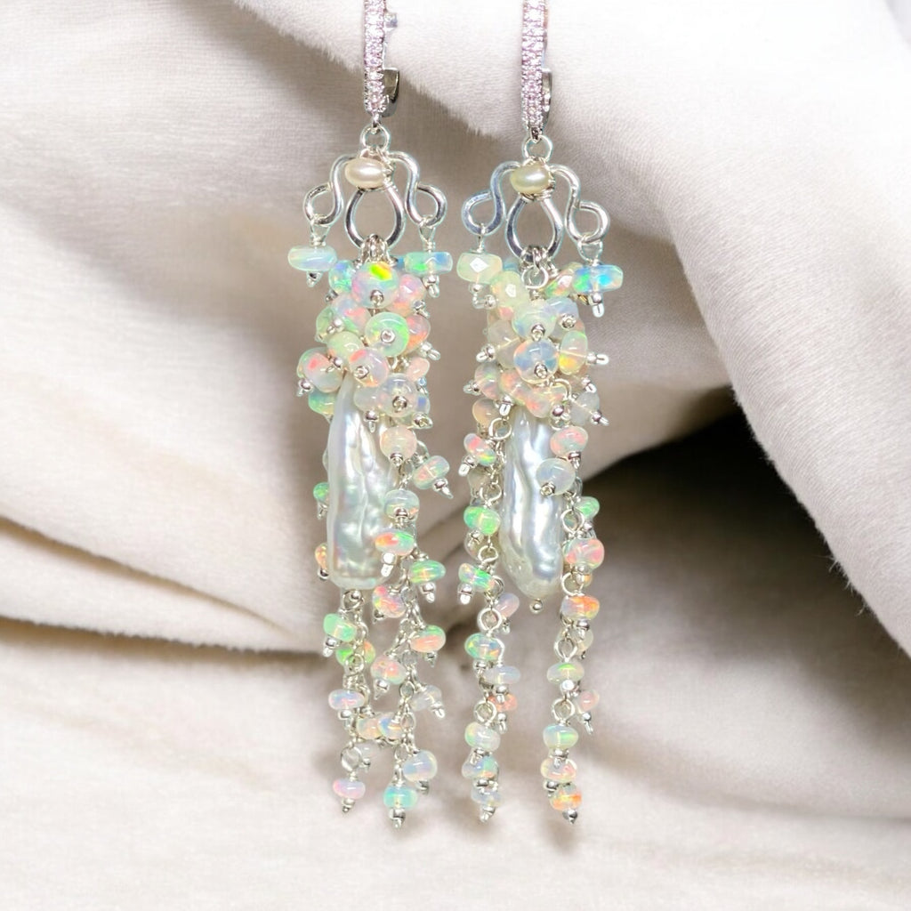 Handmade Bridal Chandelier Earrings with Opals, Sterling Silver 2