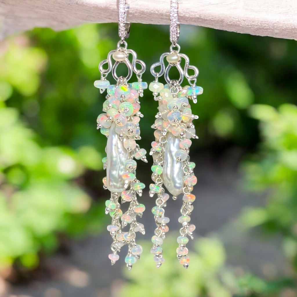 Handmade Bridal Chandelier Earrings with Opals, Sterling Silver 2