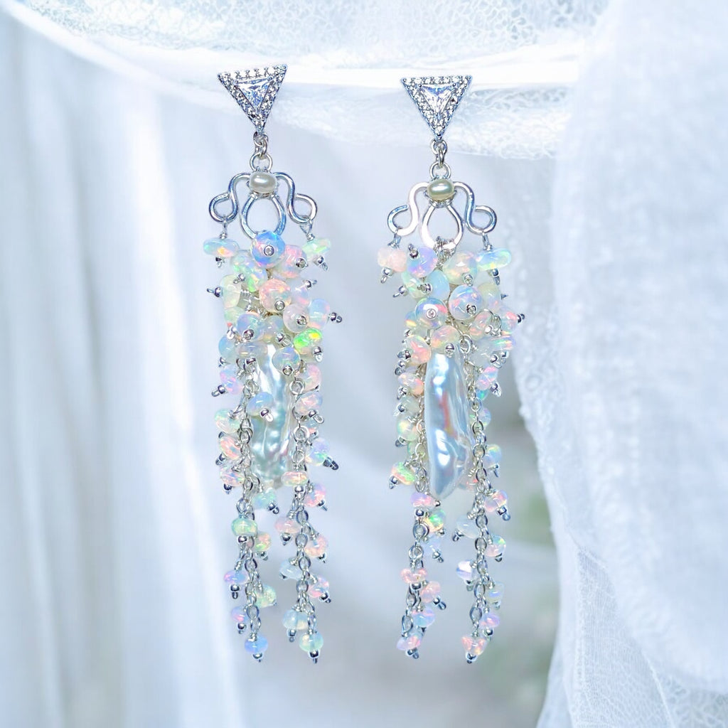 Handmade Bridal Chandelier Earrings with Opals, Sterling Silver 2