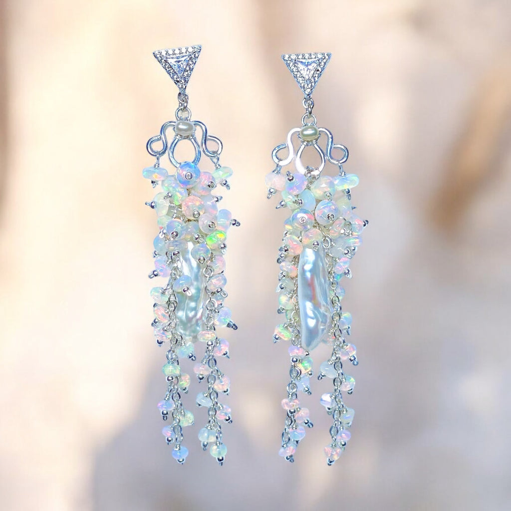 Handmade Bridal Chandelier Earrings with Opals, Sterling Silver 2