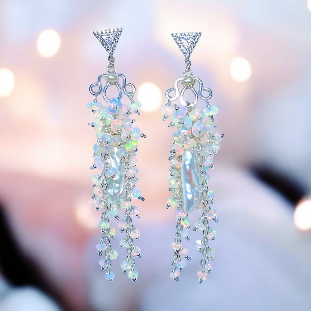 Handmade Bridal Chandelier Earrings with Opals, Sterling Silver 2