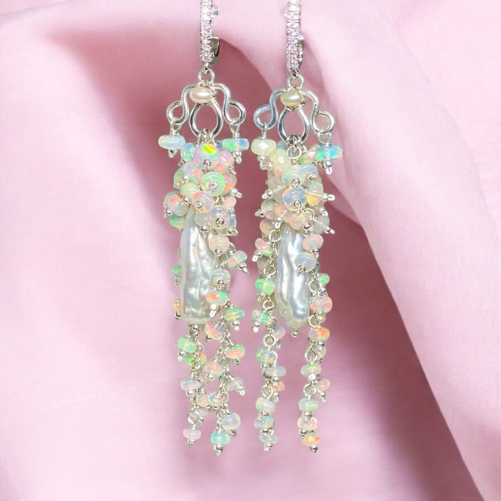 Handmade Bridal Chandelier Earrings with Opals, Sterling Silver 2