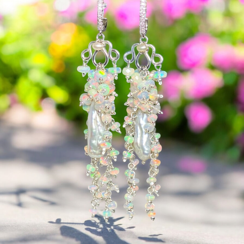 Handmade Bridal Chandelier Earrings with Opals, Sterling Silver 2