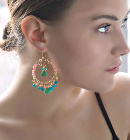 Turquoise Gold Hoop Chandelier Earrings Kingman Turquoise
