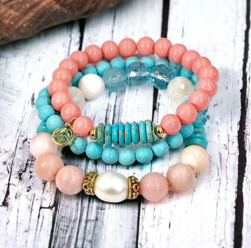 Turquoise Coral Stack Bracelet Set of 3 Boho Style