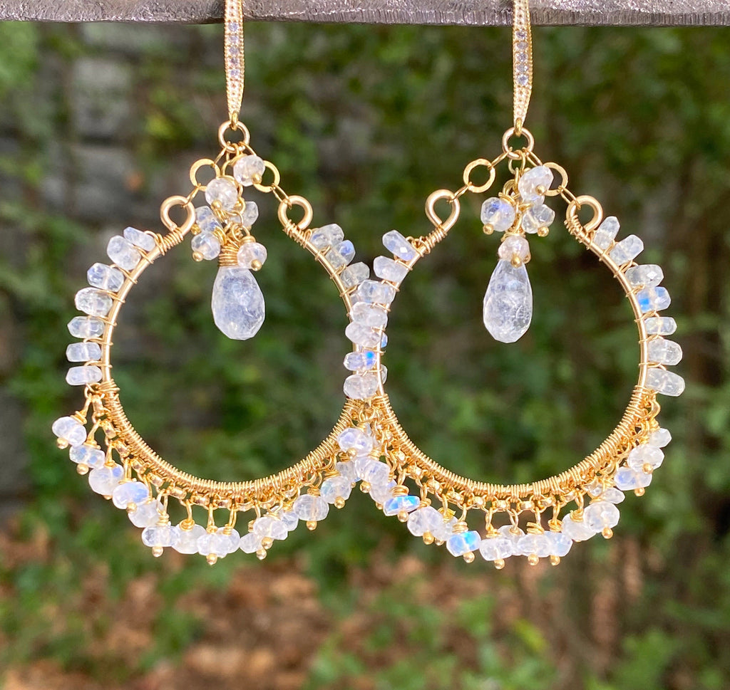 Rainbow Moonstone Gold Hoop Chandelier Earrings 3