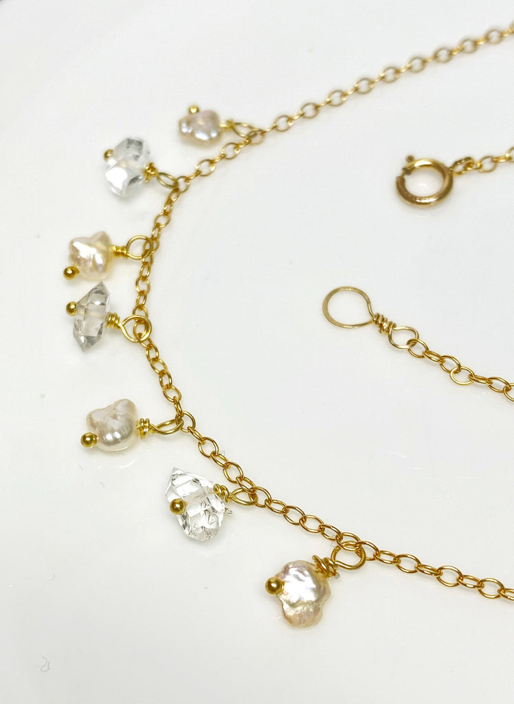 Dainty Gold Filled Choker Necklace with Herkimer Diamonds and Keishi Pearls