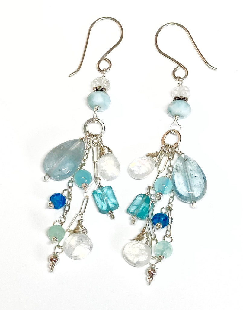 Aquamarine, Moonstone, Gemstone Long Sterling Silver Boho Dangle Earrings