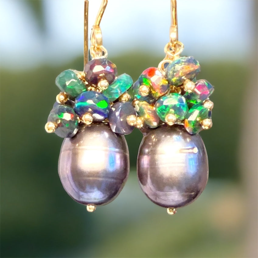 Black Grey Peacock Pearl Black Opal Cluster Earrings Gold Fill