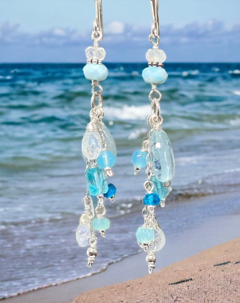 Aquamarine, Moonstone, Gemstone Long Sterling Silver Boho Dangle Earrings