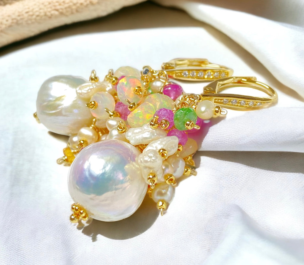 Baroque Edison Pearl and Opal Statement Earrings with Sapphire, Tsavorite