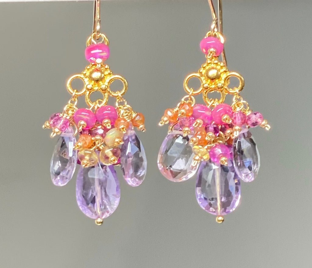 Statement Multi Gemstone Chandelier Earrings, Gold