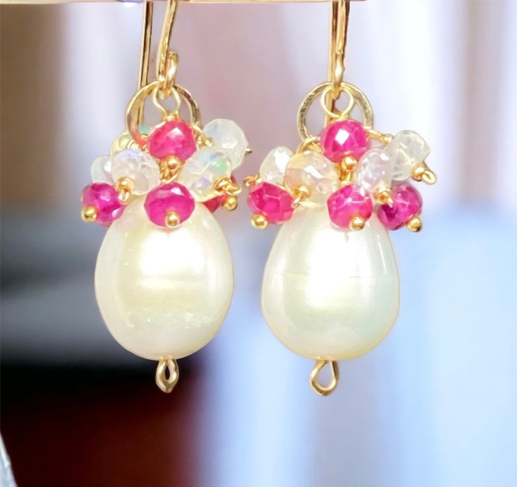 Pearl Earrings with Ruby, Opal, Keishi Pearl Clusters, Gold Fill