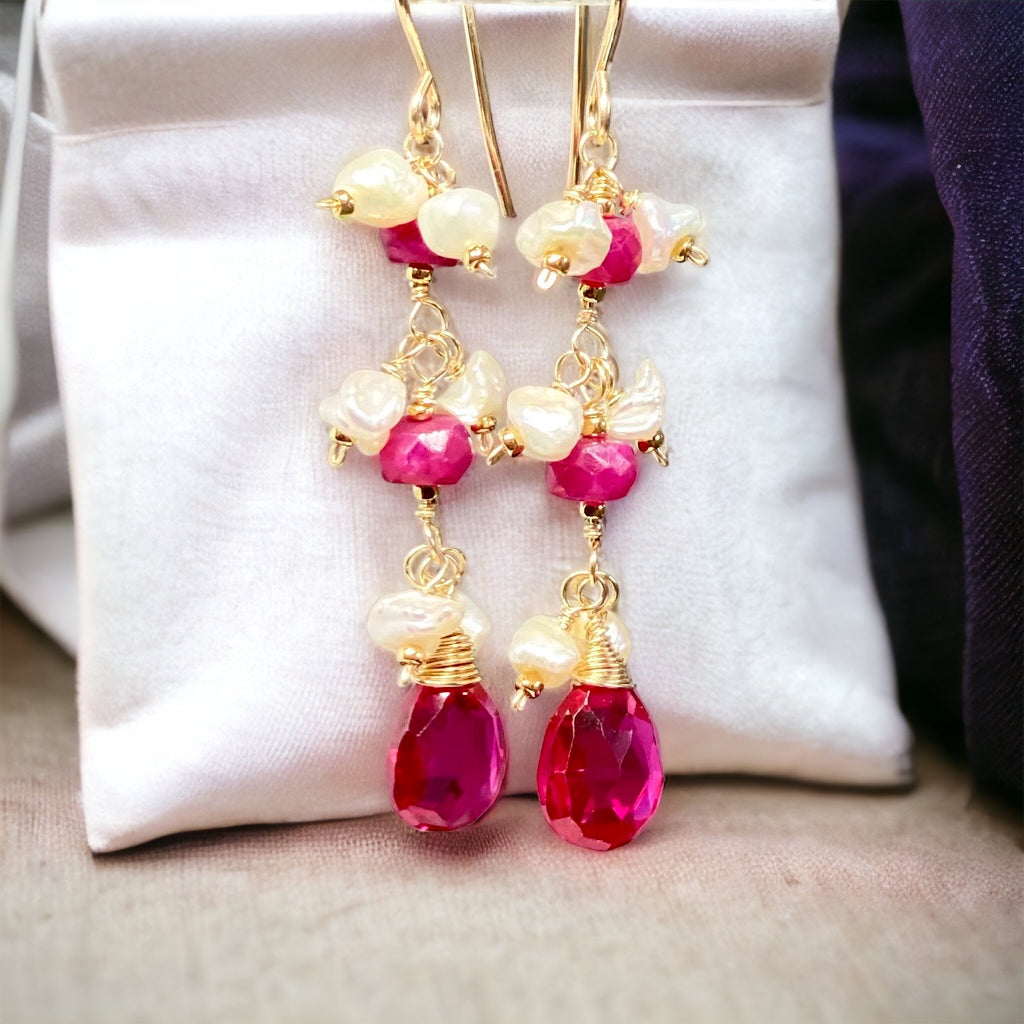 Ruby and Red Topaz Dangle Earrings with Pearls