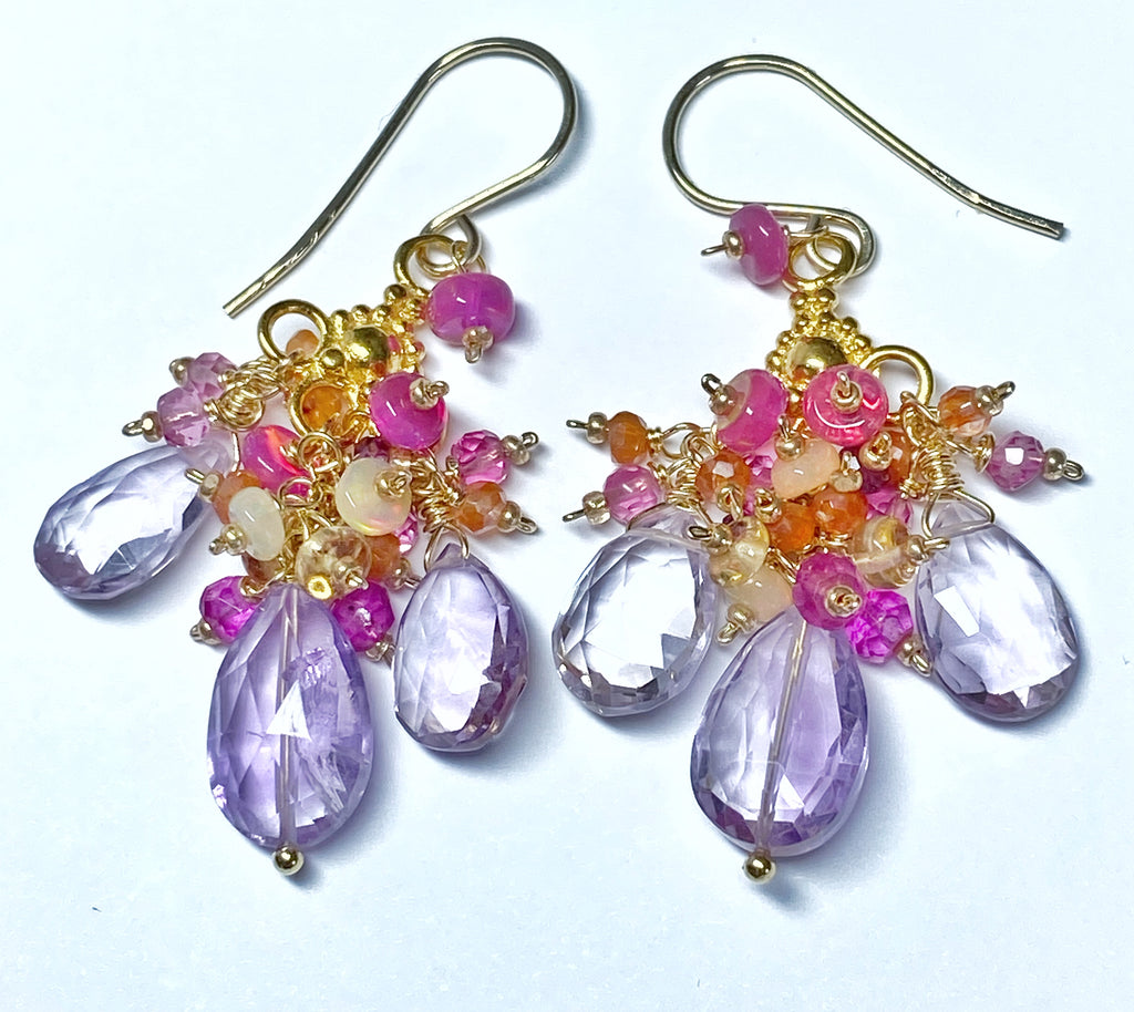 Statement Multi Gemstone Chandelier Earrings, Gold