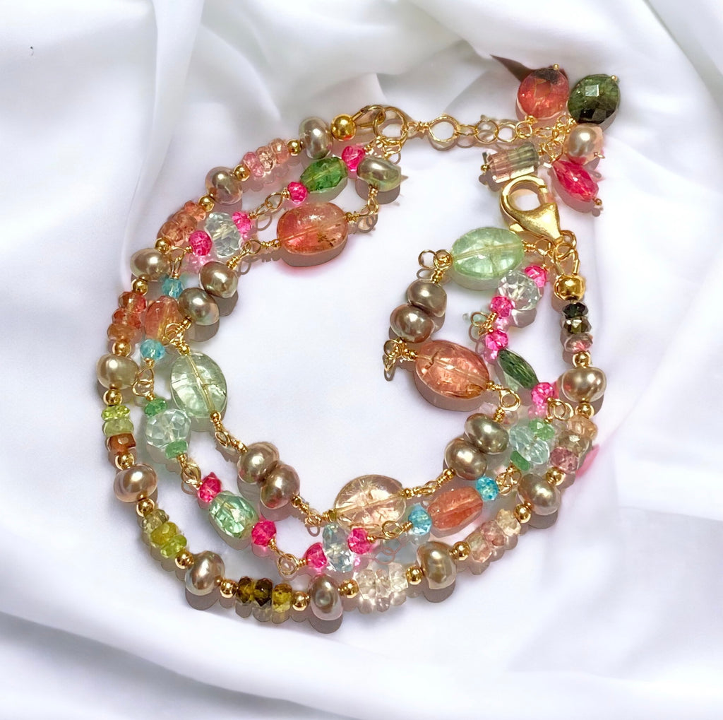 Watermelon Tourmaline Aquamarine Pearl Bracelet Gold