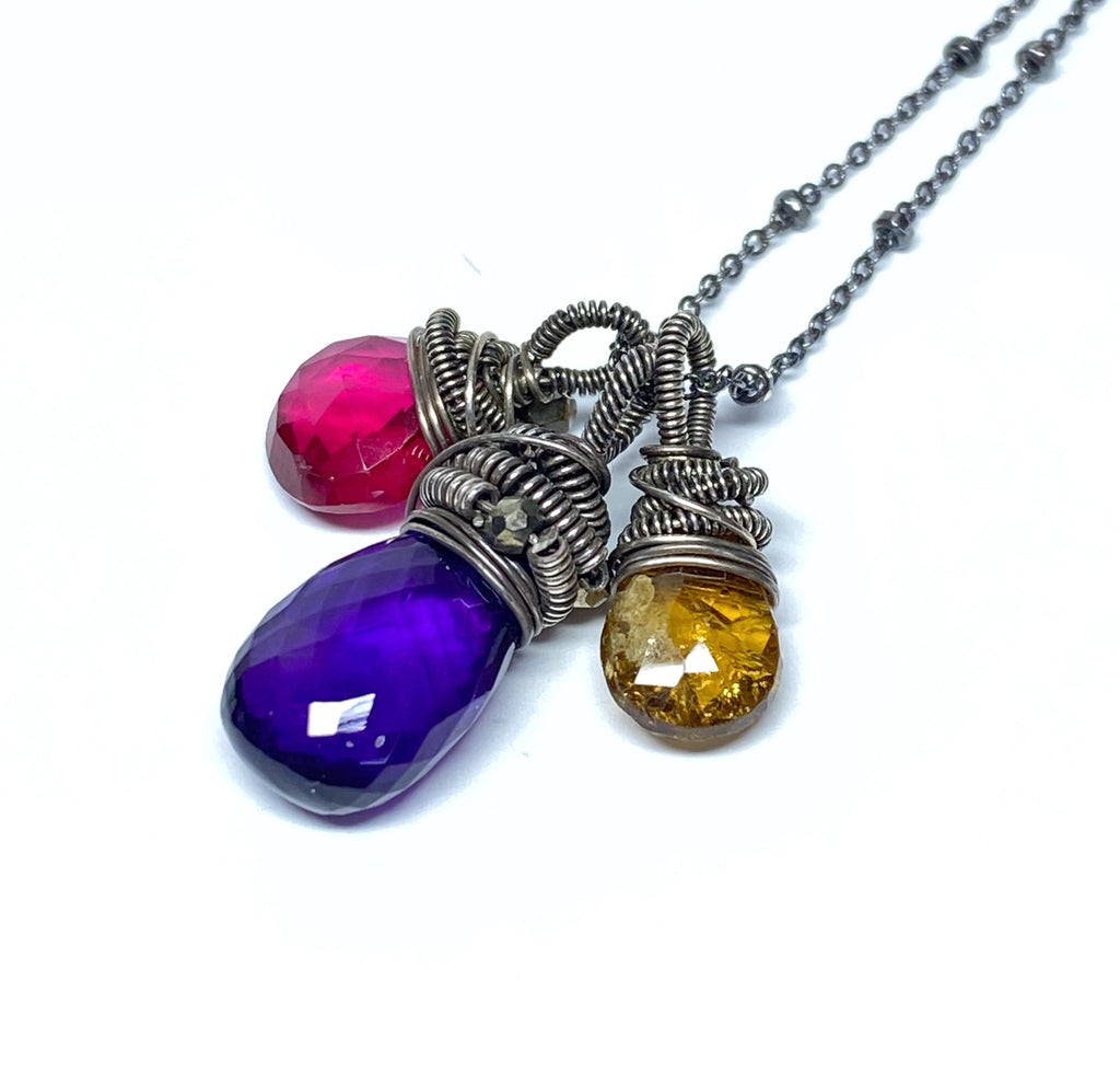 Amethyst, Red Topaz, Tourmaline Coiled Gemstone Pendant Necklace