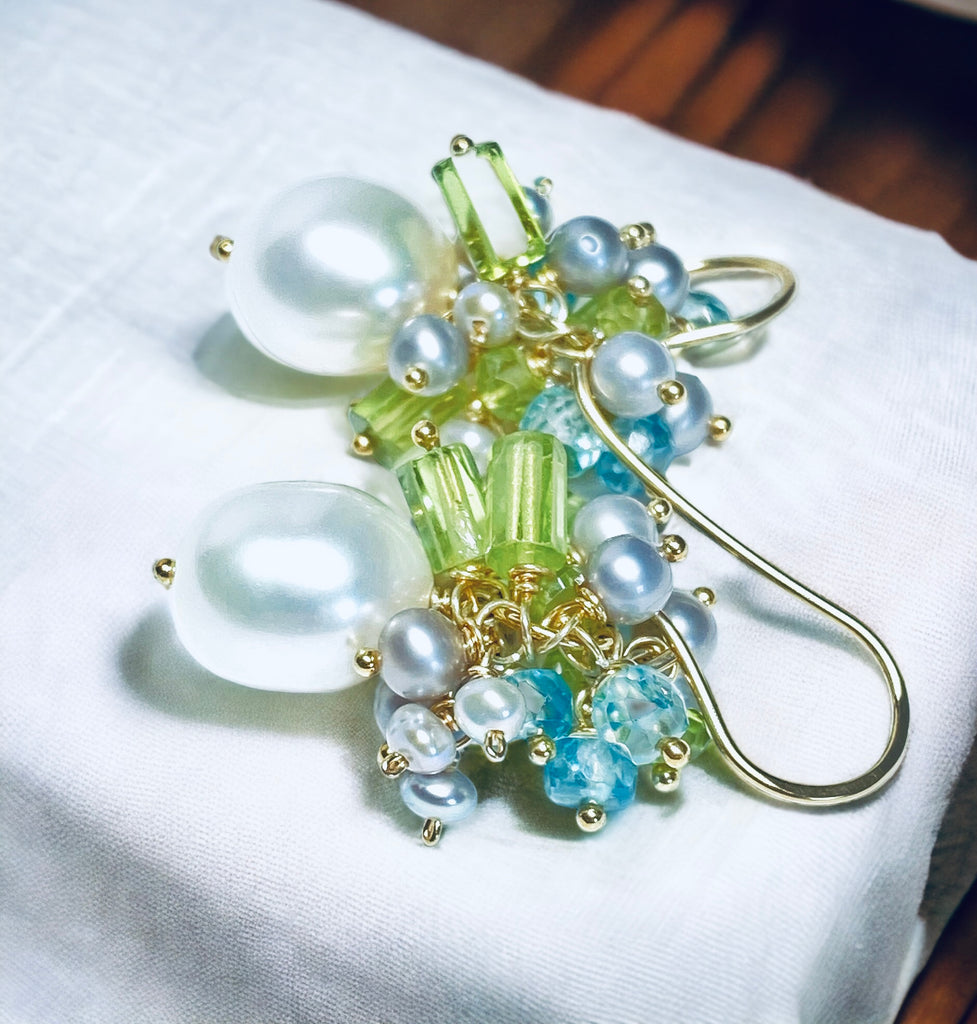 Peridot Pearl Cluster Earrings Blue Zircon Gold