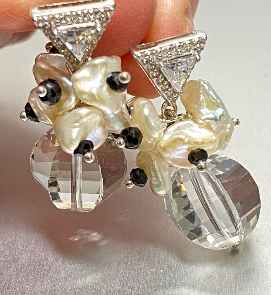 Clear Crystal Quartz Wedding Earrings Sterling Silver Black Spinel Post Earrings