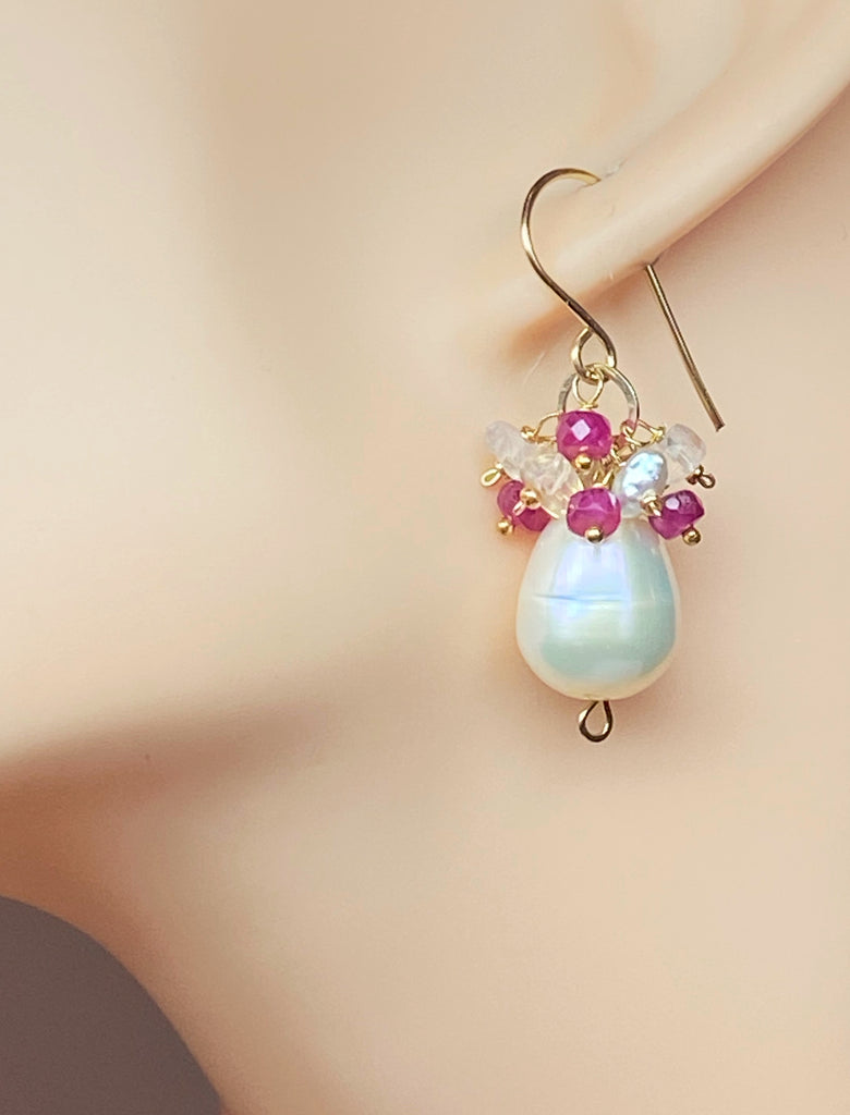 Pearl Earrings with Ruby, Opal, Keishi Pearl Clusters, Gold Fill