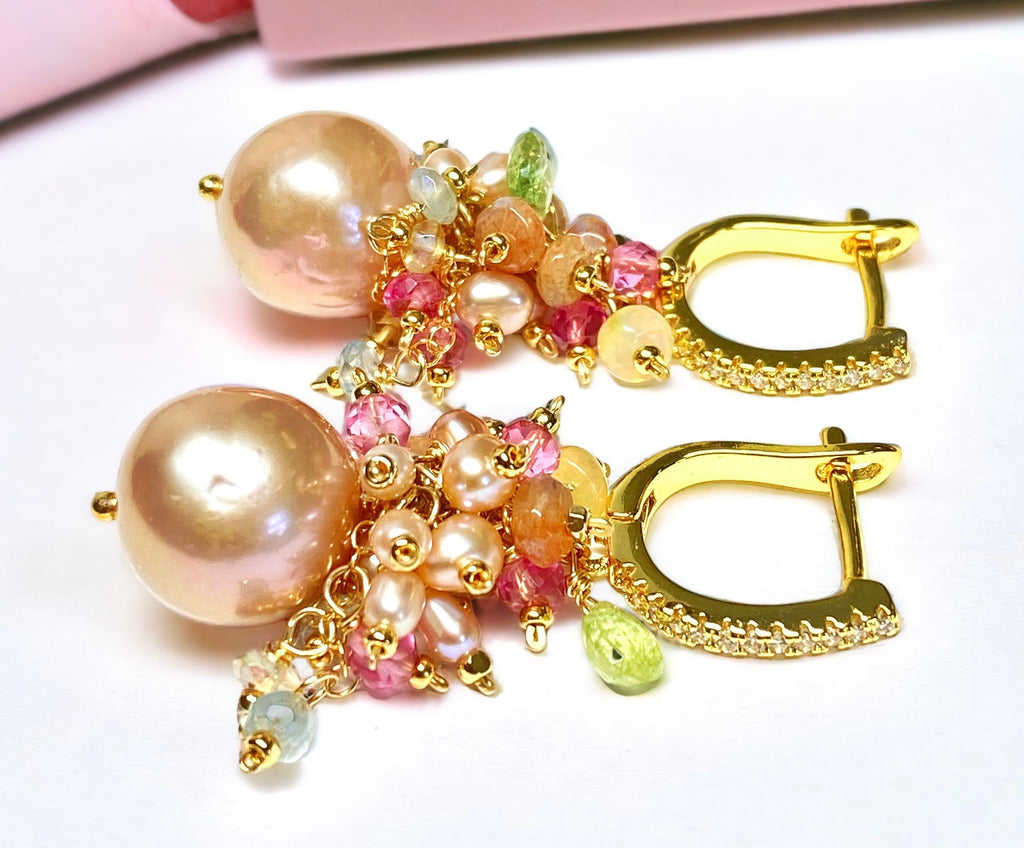 Pink Round Pearl and Gem Cluster Wedding Earrings with Tsavorite