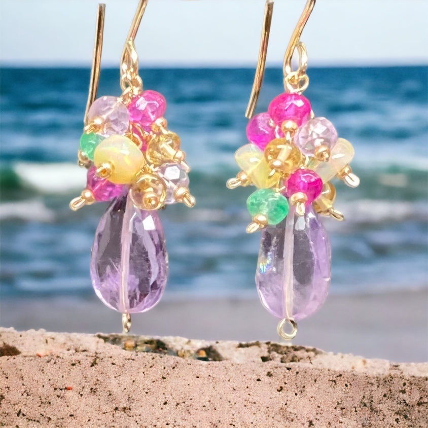 Lavender Pink Amethyst Gemstone Cluster Earrings