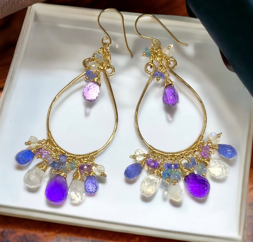 Gemstone Statement Chandelier Earrings in Tanzanite, Amethyst, Moonstone