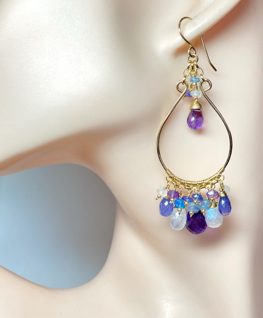Gemstone Statement Chandelier Earrings in Tanzanite, Amethyst, Moonstone