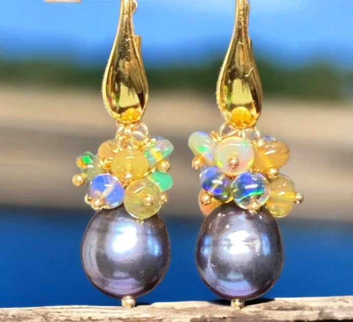 Black Grey Baroque Pearl Opal Cluster Gold Earrings