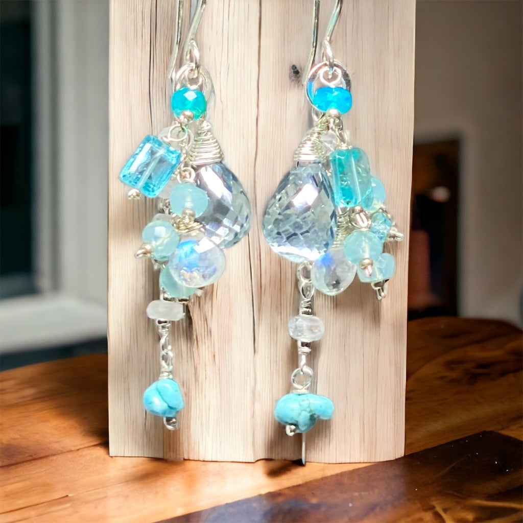 Aqua Quartz, Moonstone, Apatite and Sterling Silver Dangle Earrings
