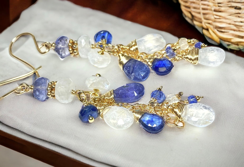 Rainbow Moonstone Tanzanite Kyanite Blue & White Boho Dangle Earrings